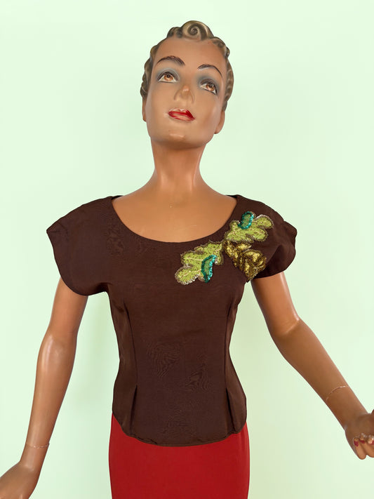 XS/S | 1940s Brown Faille Sequin Top