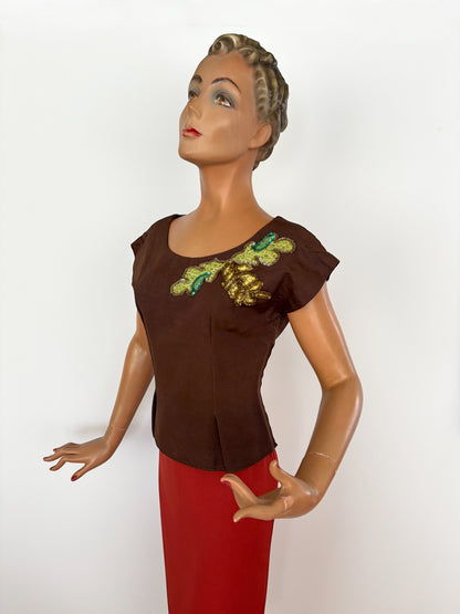 XS/S | 1940s Brown Faille Sequin Top