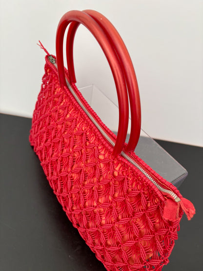 1950s/60s Red Woven Plastic Cord Handbag With Round Handles