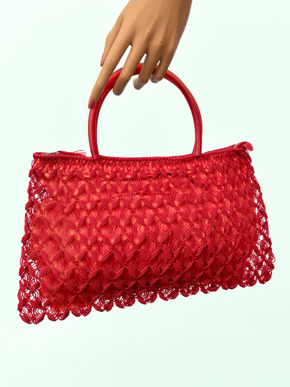 1950s/60s Red Woven Plastic Cord Handbag With Round Handles