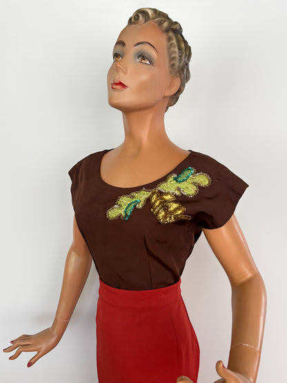 XS/S | 1940s Brown Faille Sequin Top