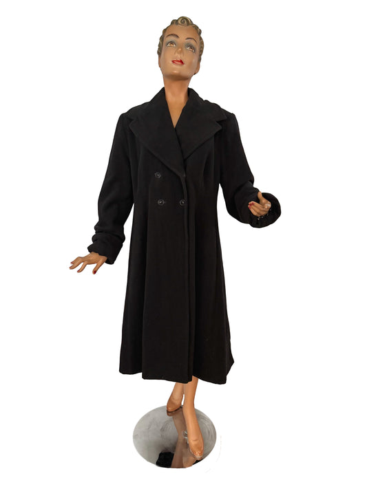 3XL | 1940s Style Black Wool Coat With Polka Dot Lining