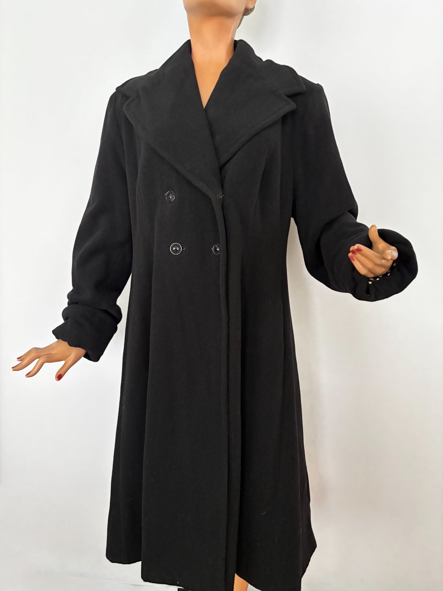 3XL | 1940s Style Black Wool Coat With Polka Dot Lining