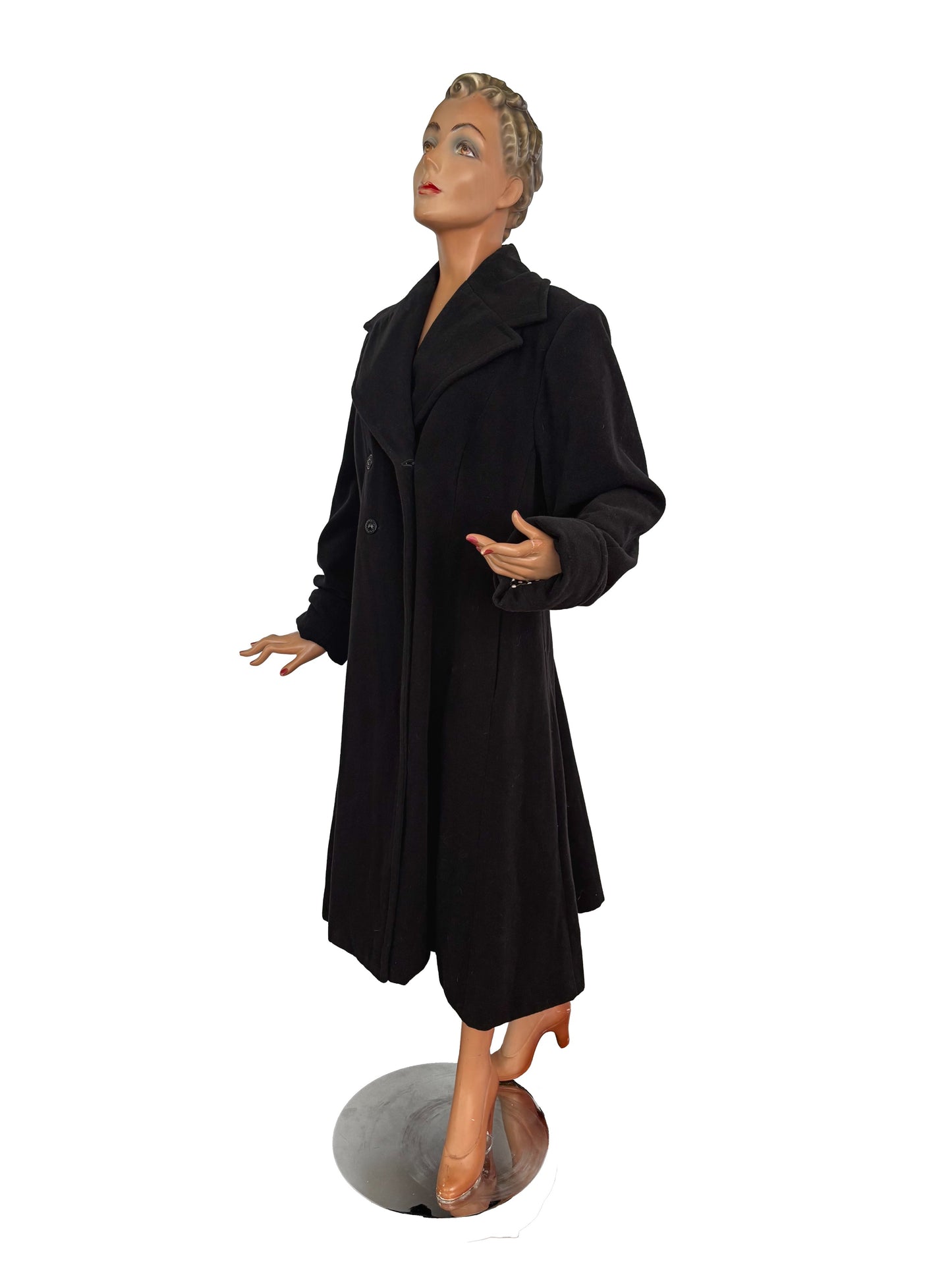 3XL | 1940s Style Black Wool Coat With Polka Dot Lining