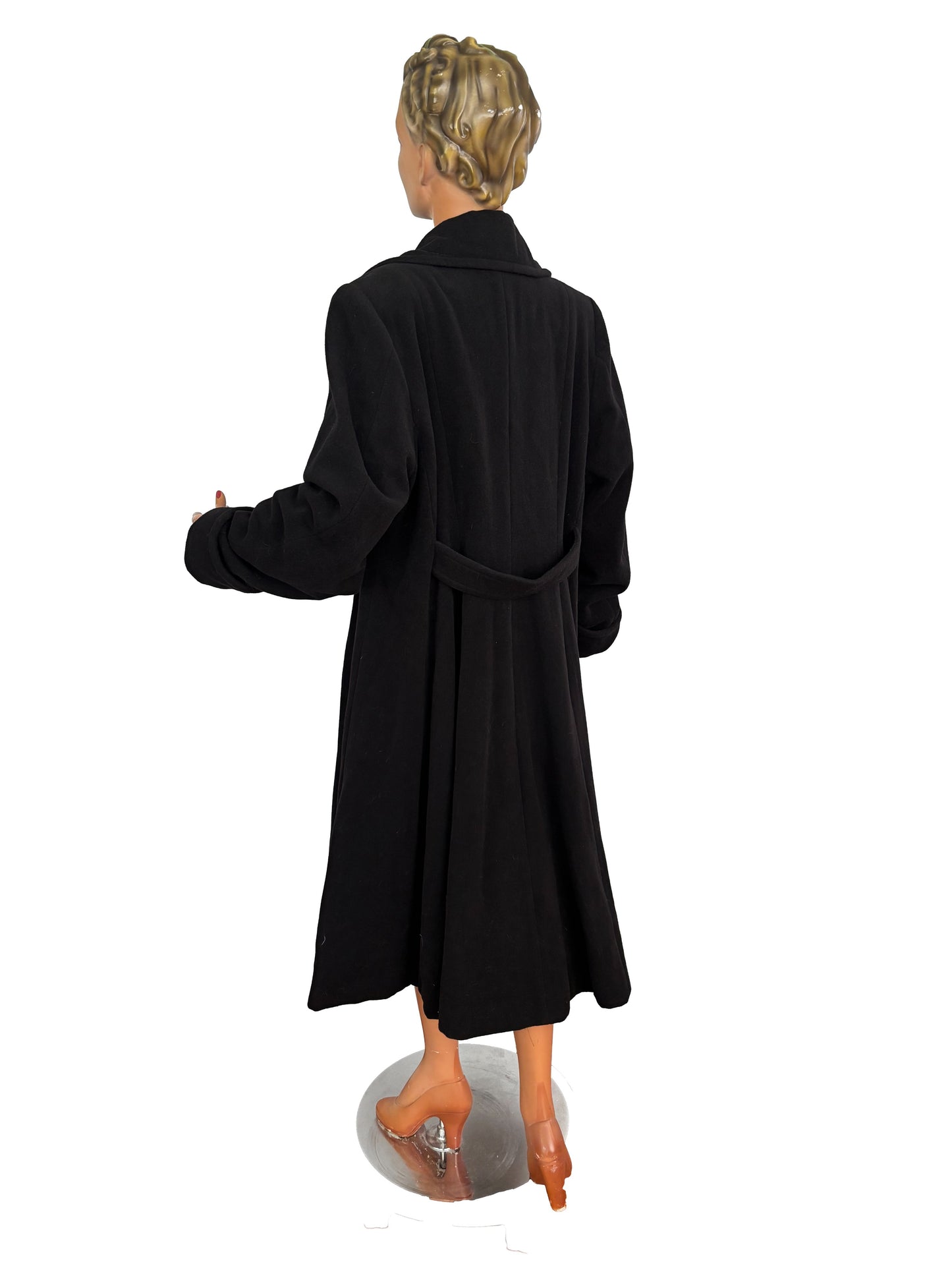 3XL | 1940s Style Black Wool Coat With Polka Dot Lining