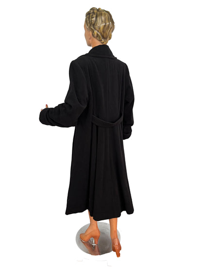 3XL | 1940s Style Black Wool Coat With Polka Dot Lining