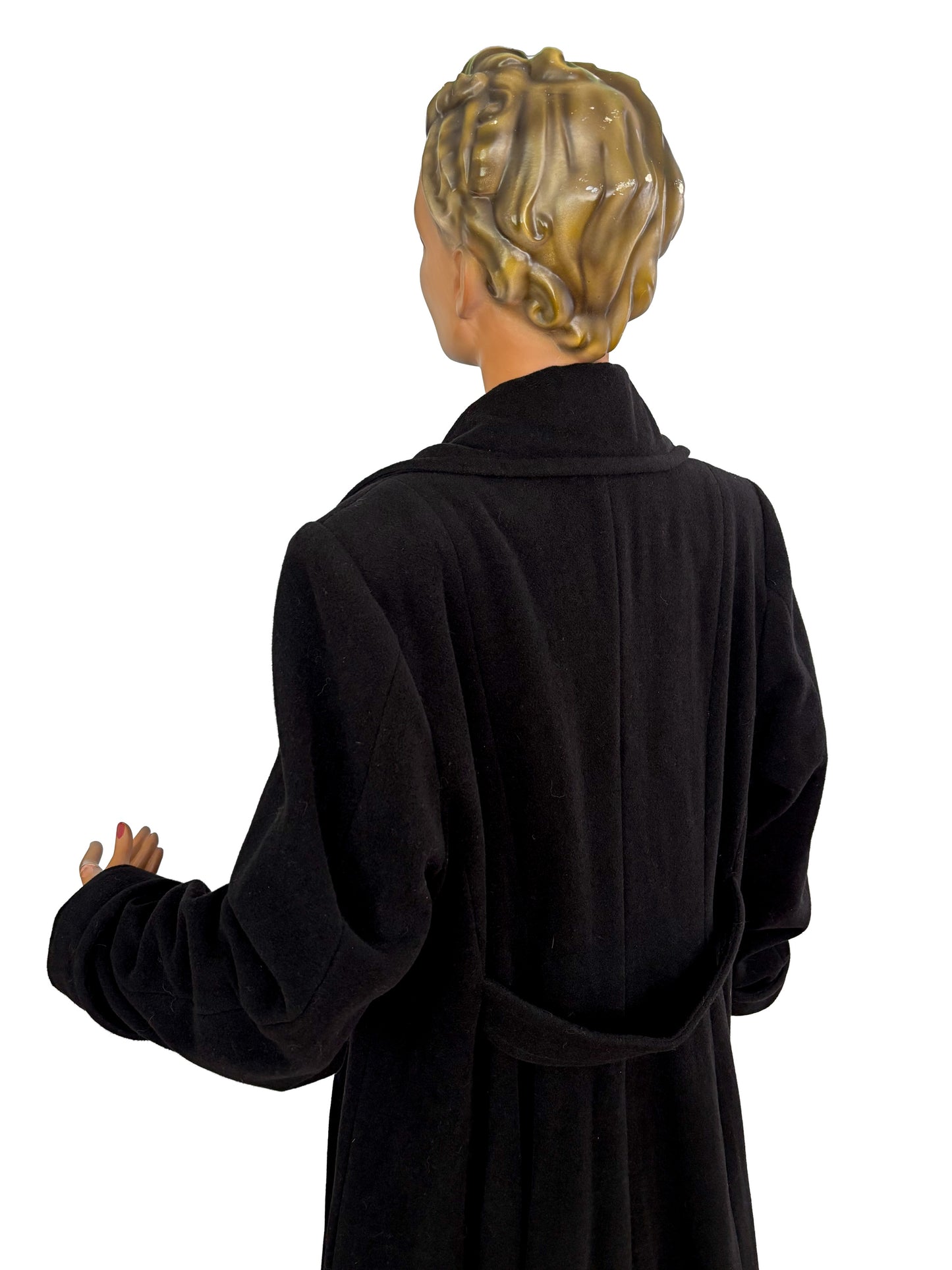 3XL | 1940s Style Black Wool Coat With Polka Dot Lining