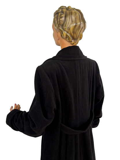 3XL | 1940s Style Black Wool Coat With Polka Dot Lining