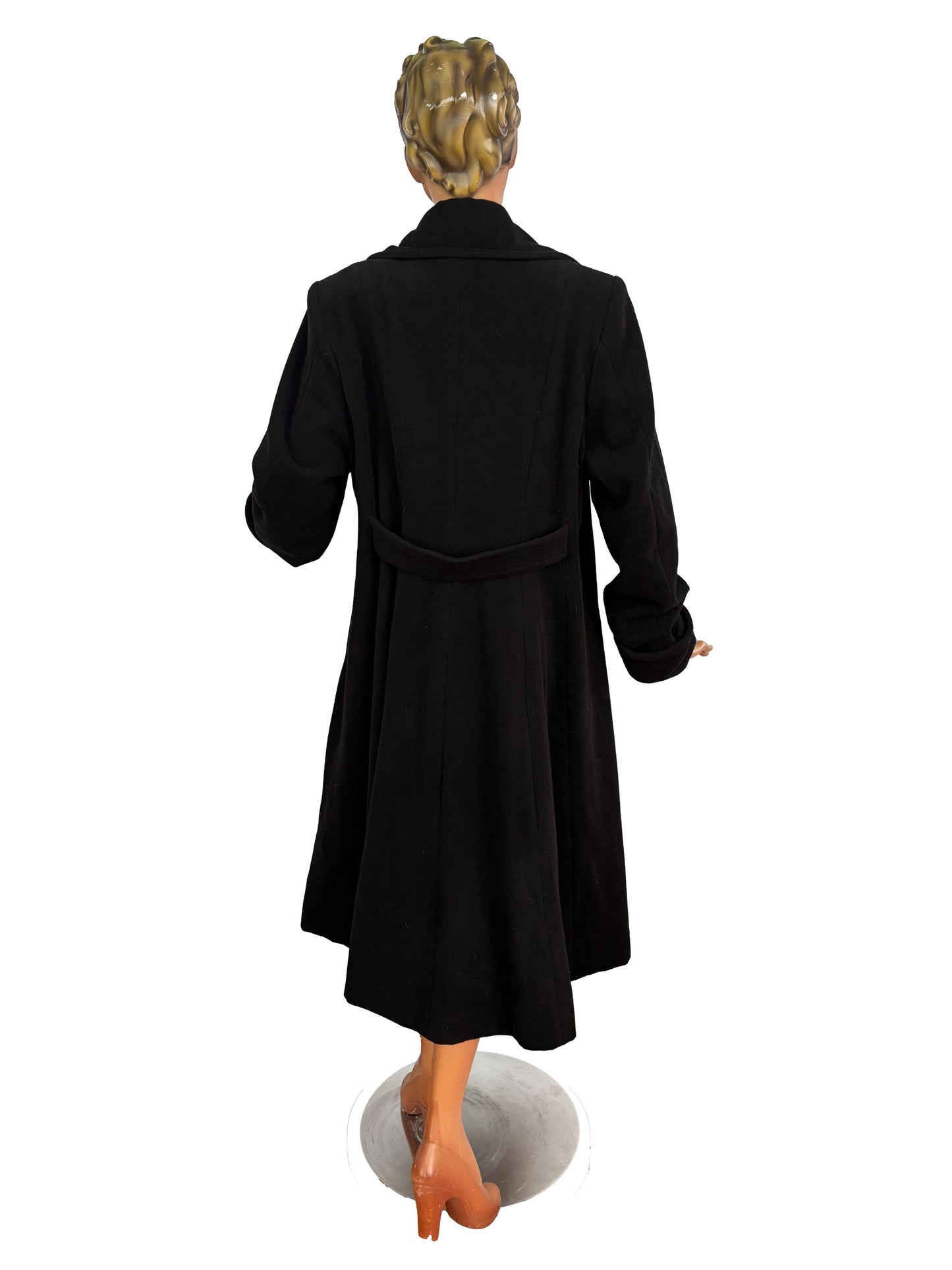 3XL | 1940s Style Black Wool Coat With Polka Dot Lining