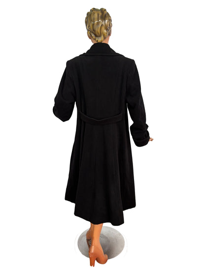 3XL | 1940s Style Black Wool Coat With Polka Dot Lining