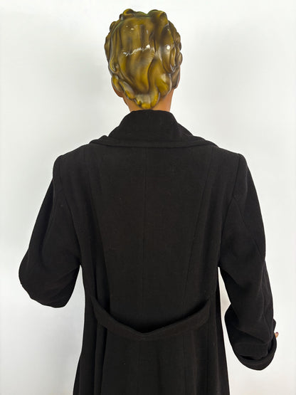 3XL | 1940s Style Black Wool Coat With Polka Dot Lining