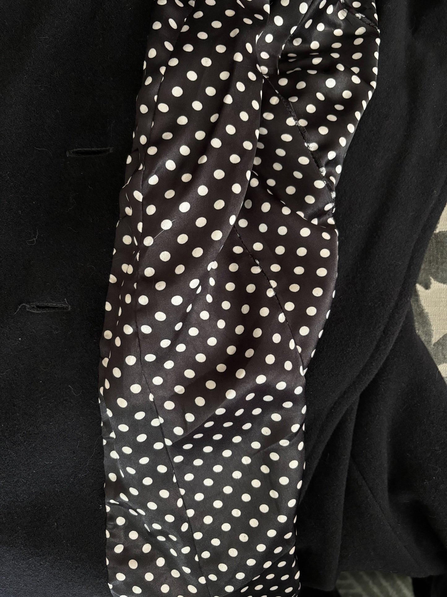 3XL | 1940s Style Black Wool Coat With Polka Dot Lining