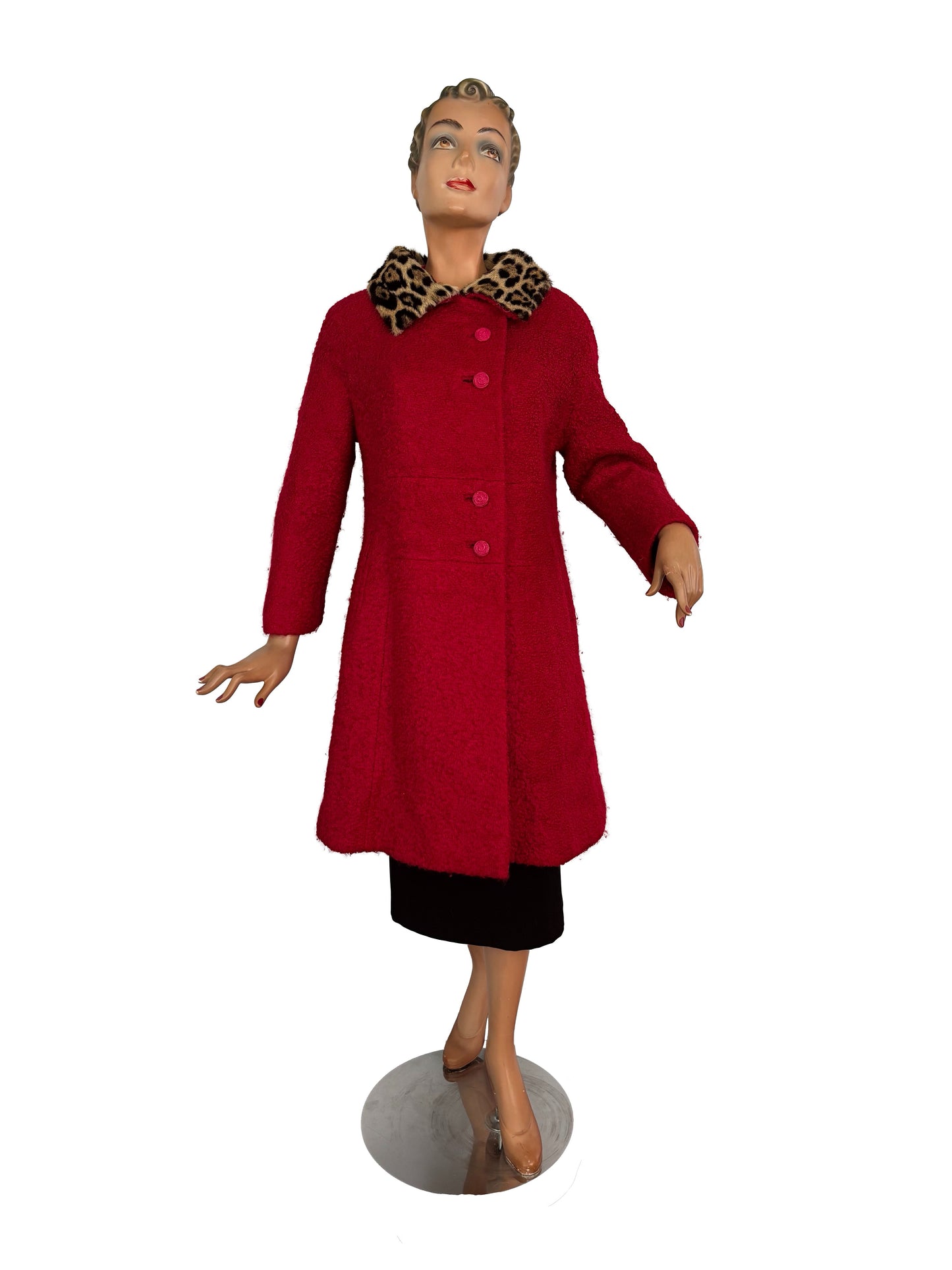 L/XL | 1960s Red Bouclé Coat With Faux Leopard Fur Collar