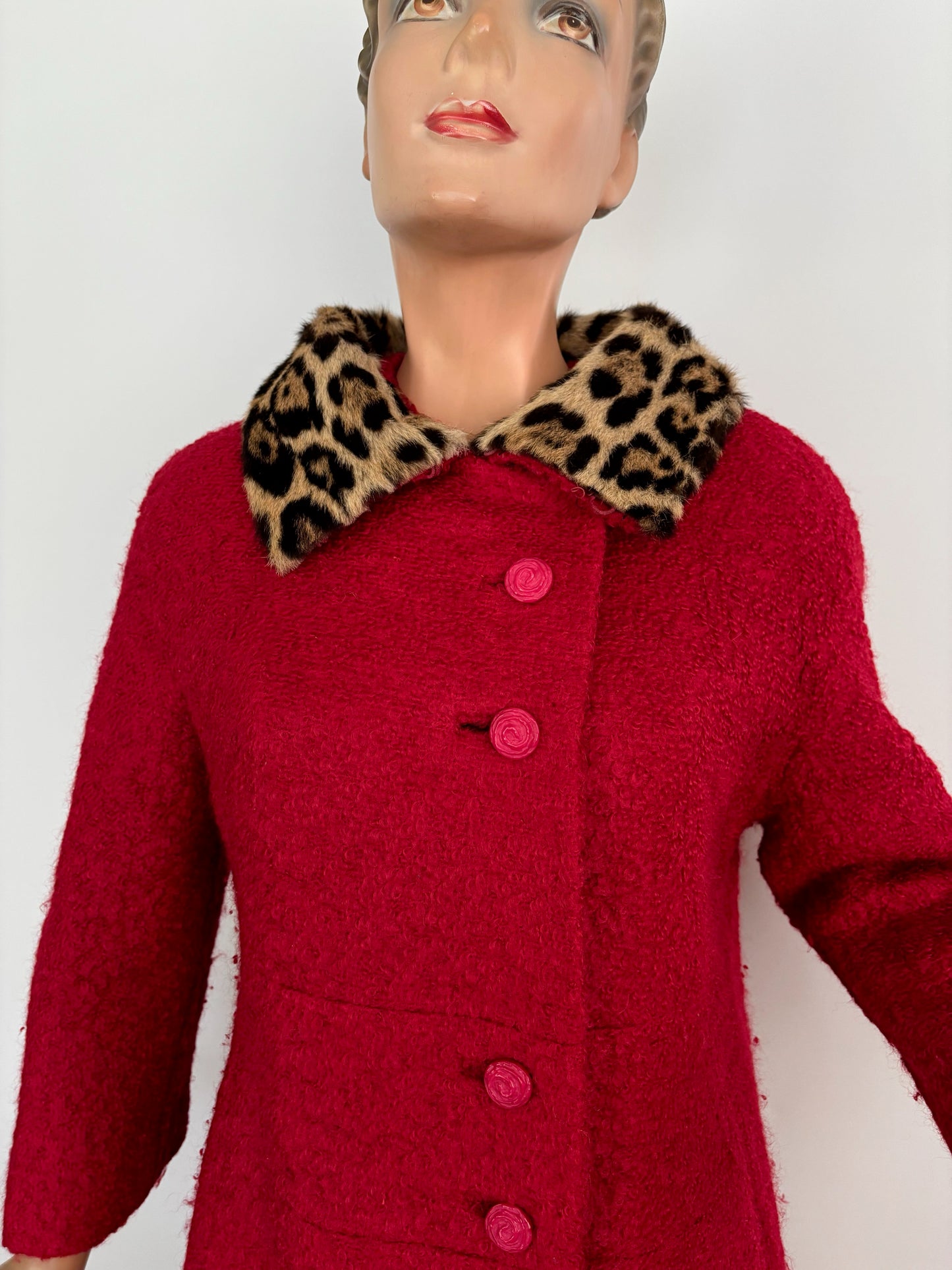 L/XL | 1960s Red Bouclé Coat With Faux Leopard Fur Collar