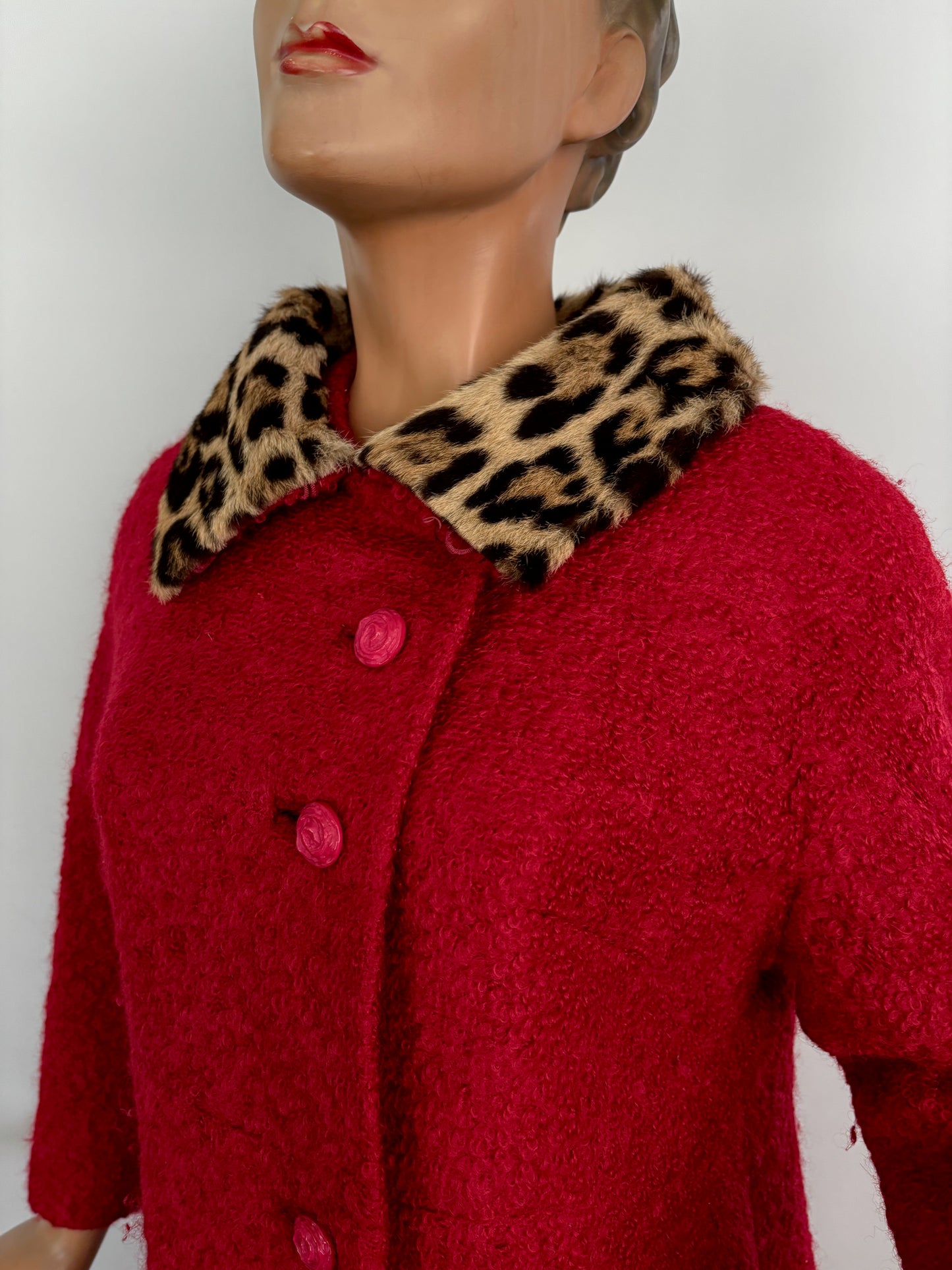 L/XL | 1960s Red Bouclé Coat With Faux Leopard Fur Collar