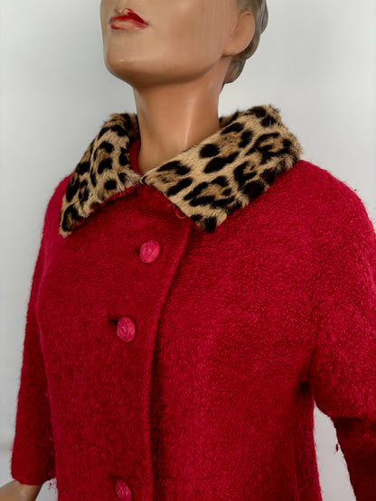 L/XL | 1960s Red Bouclé Coat With Faux Leopard Fur Collar