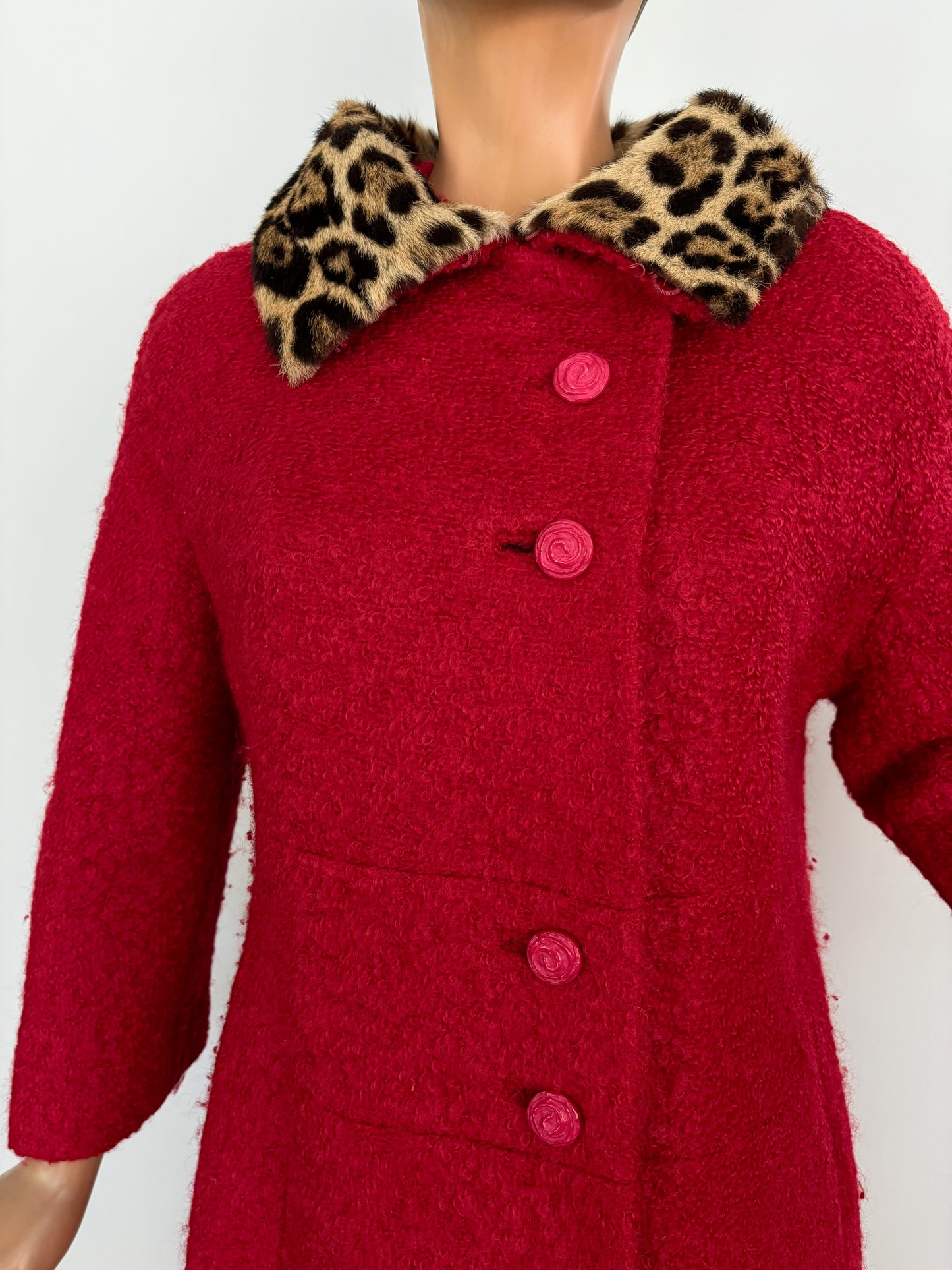 L/XL | 1960s Red Bouclé Coat With Faux Leopard Fur Collar