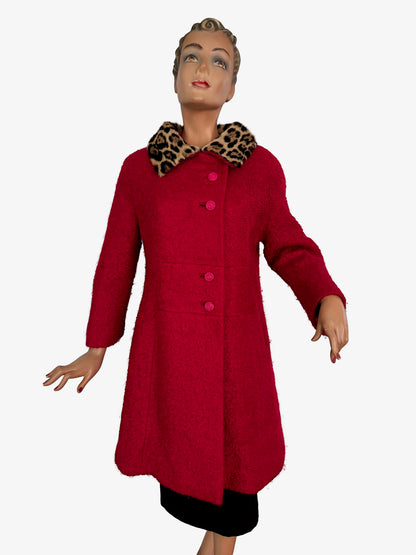 L/XL | 1960s Red Bouclé Coat With Faux Leopard Fur Collar