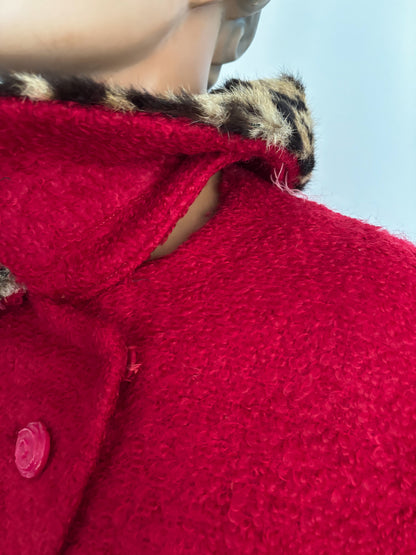 L/XL | 1960s Red Bouclé Coat With Faux Leopard Fur Collar