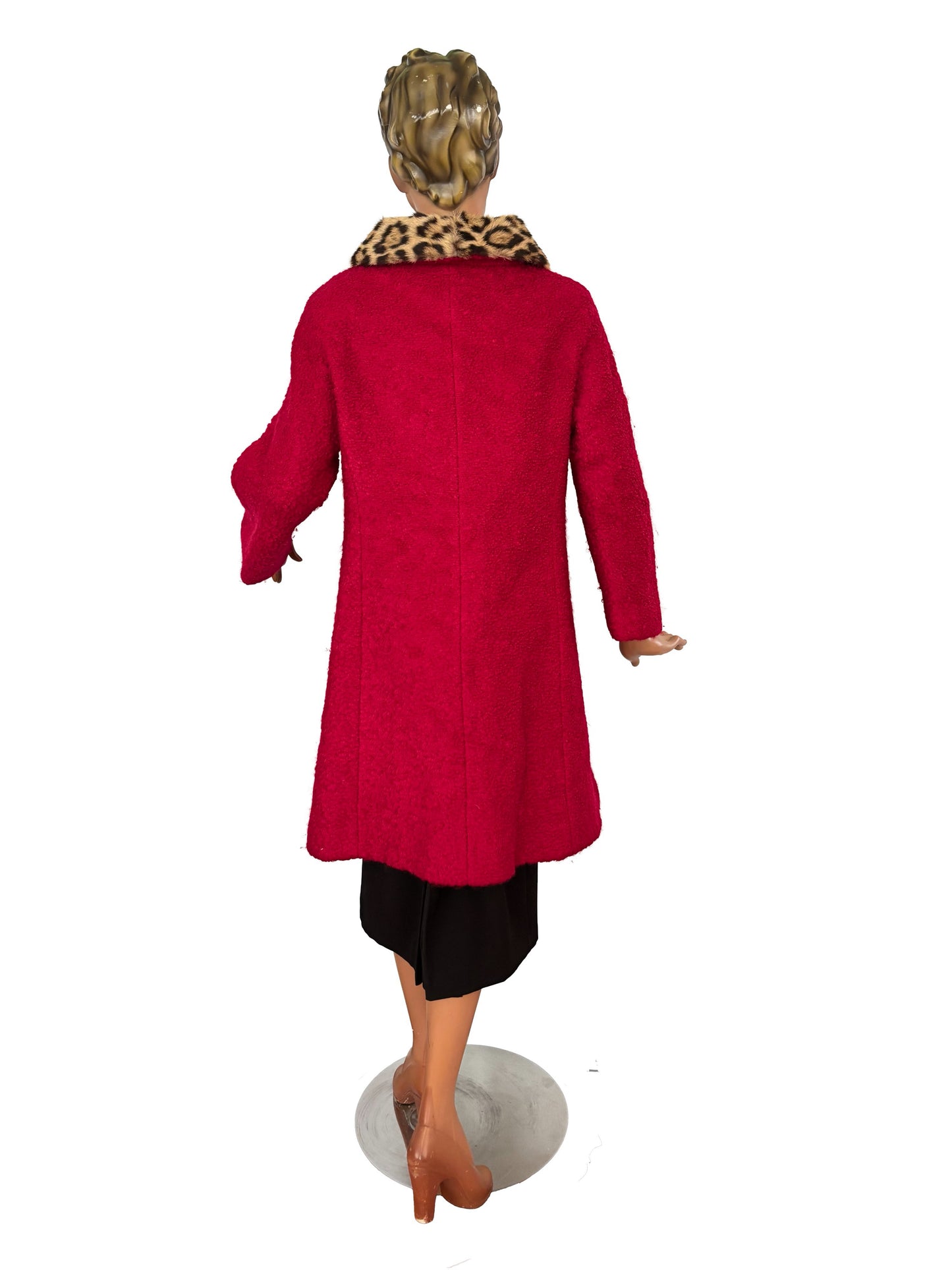 L/XL | 1960s Red Bouclé Coat With Faux Leopard Fur Collar