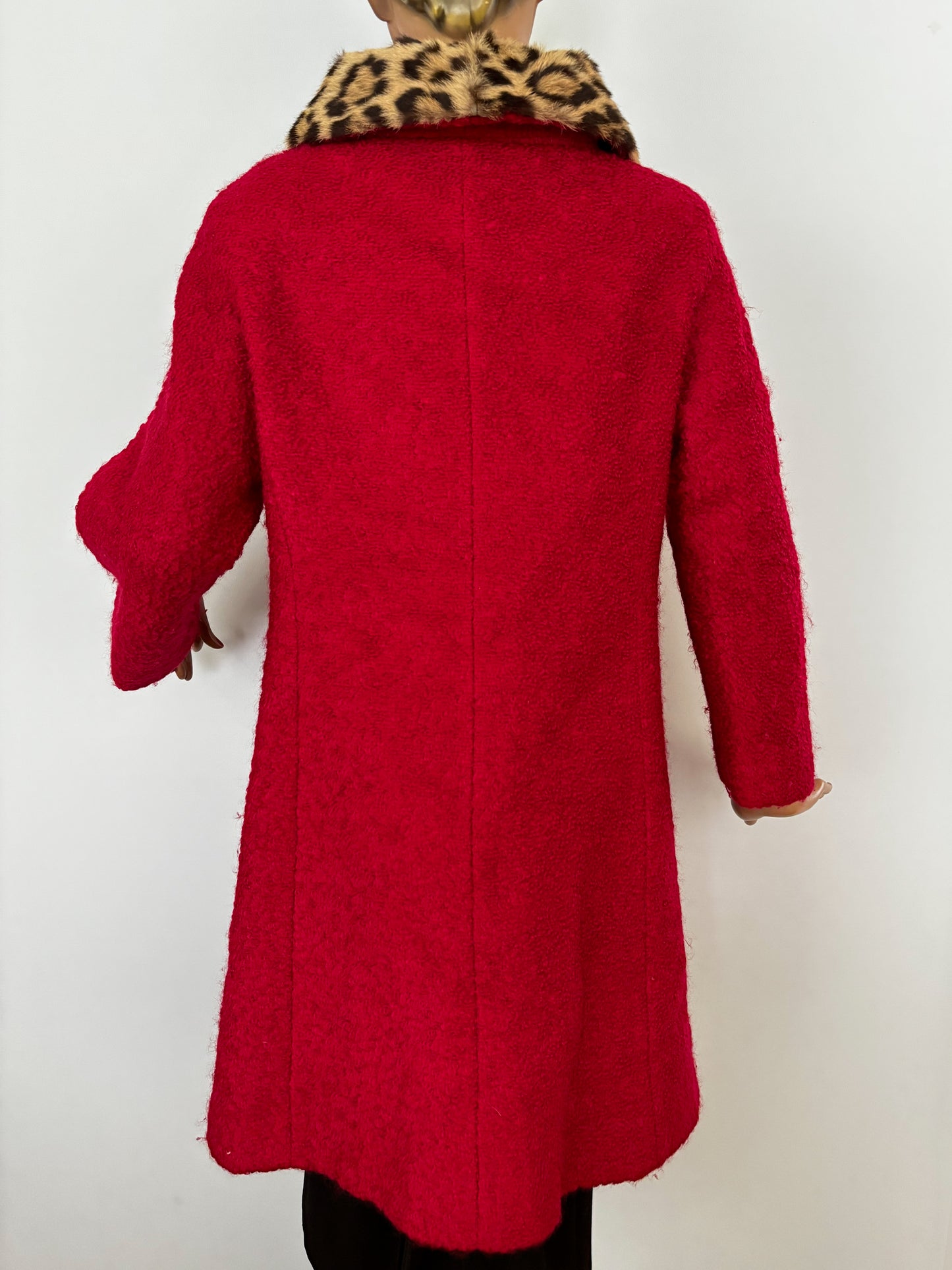 L/XL | 1960s Red Bouclé Coat With Faux Leopard Fur Collar