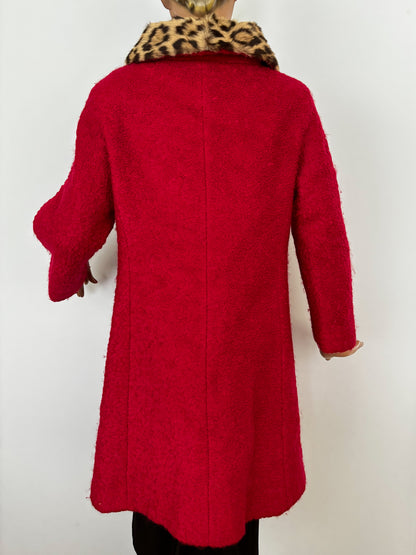 L/XL | 1960s Red Bouclé Coat With Faux Leopard Fur Collar