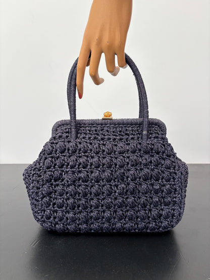 1950s/60s Dark Blue Crochet Wool Handbag