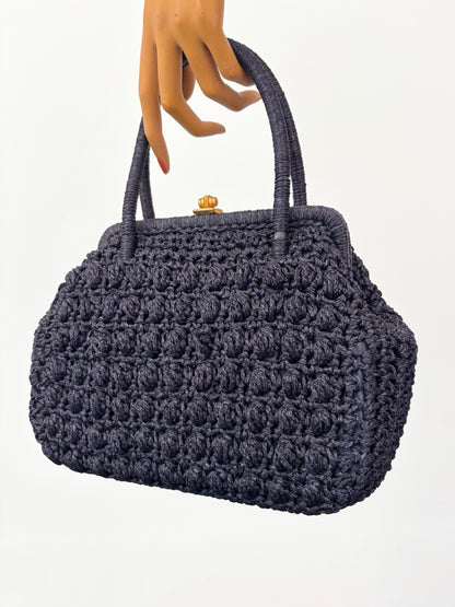 1950s/60s Dark Blue Crochet Wool Handbag
