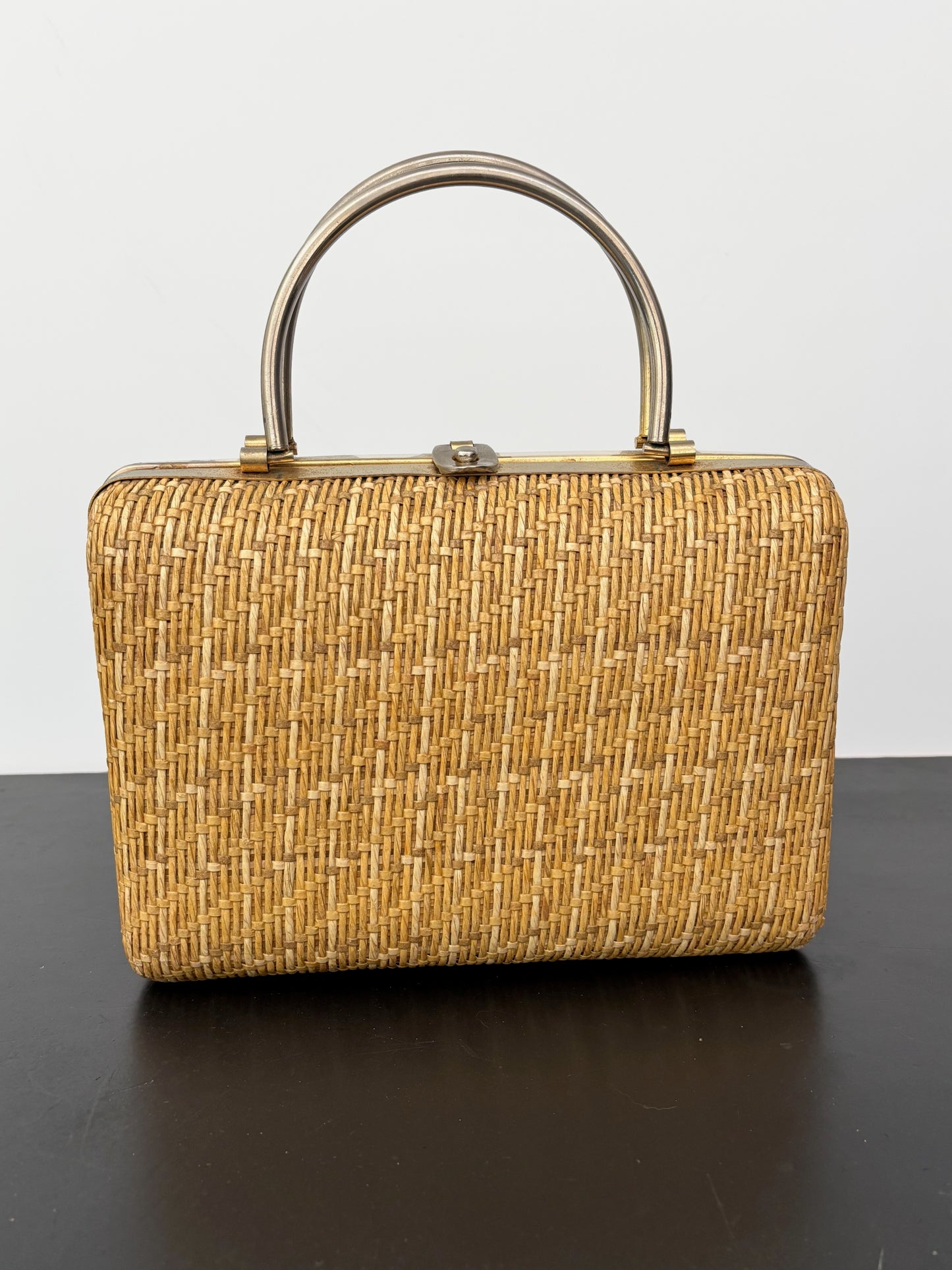 1950s/60s Structured Raffia Straw Handbag With Metal Handles