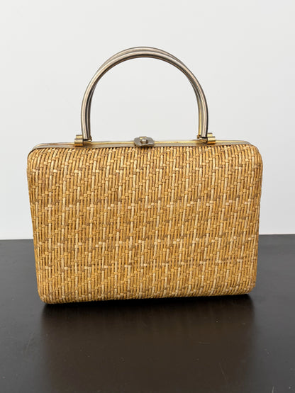 1950s/60s Structured Raffia Straw Handbag With Metal Handles