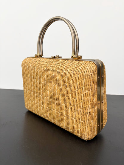 1950s/60s Structured Raffia Straw Handbag With Metal Handles