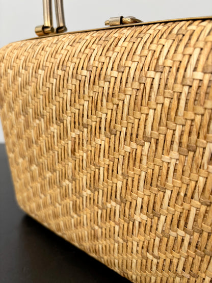 1950s/60s Structured Raffia Straw Handbag With Metal Handles