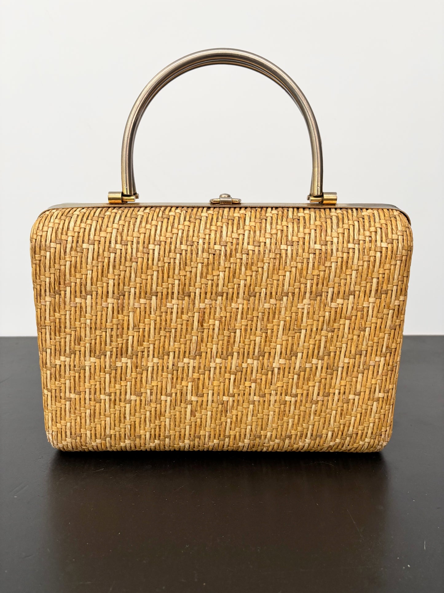 1950s/60s Structured Raffia Straw Handbag With Metal Handles