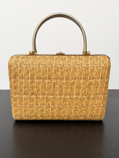 1950s/60s Structured Raffia Straw Handbag With Metal Handles