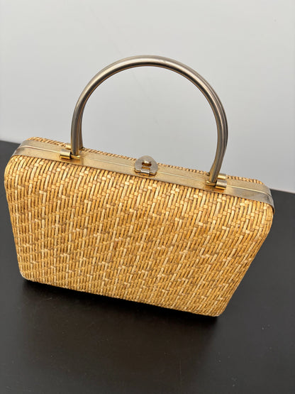 1950s/60s Structured Raffia Straw Handbag With Metal Handles
