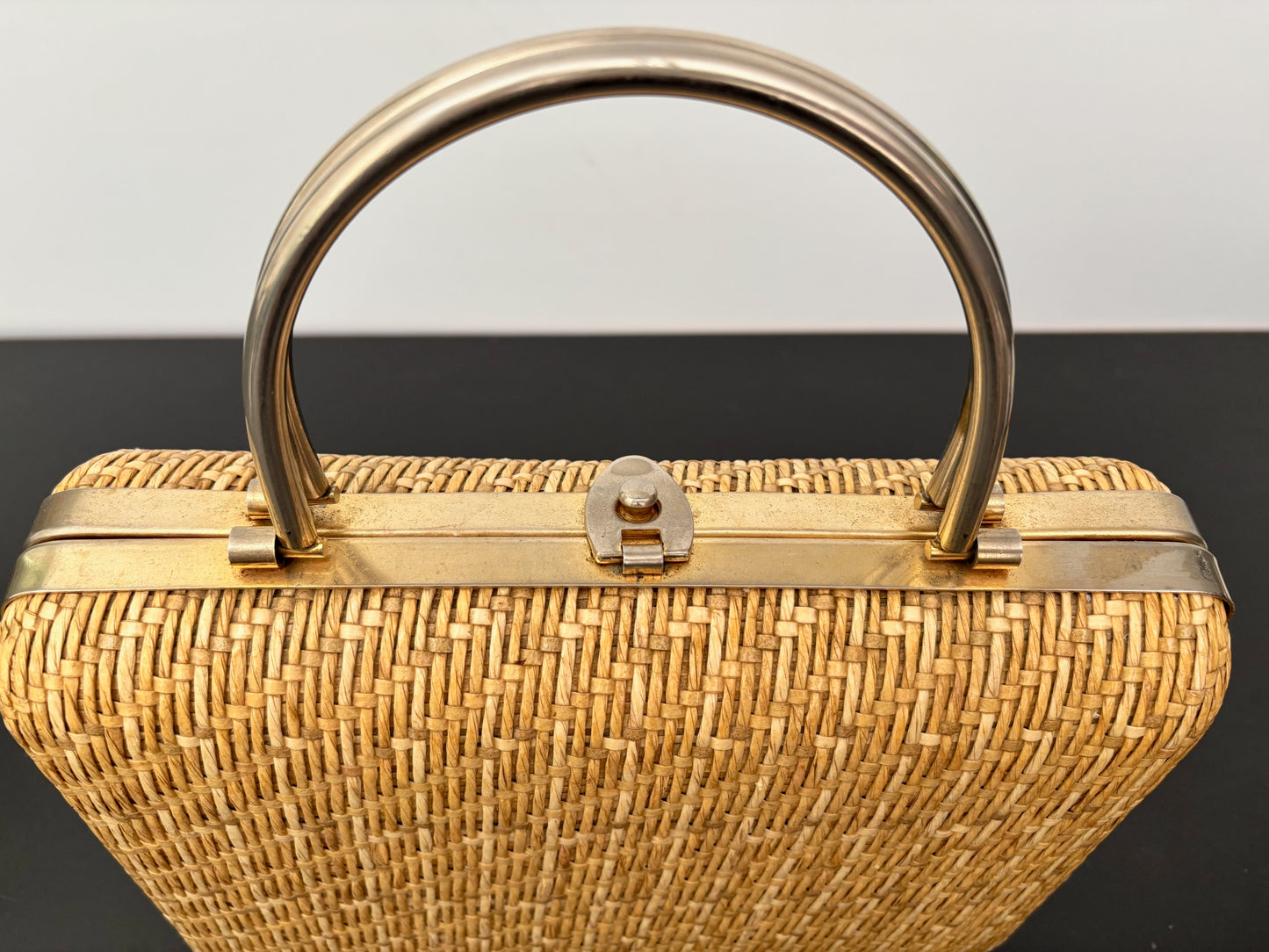 1950s/60s Structured Raffia Straw Handbag With Metal Handles