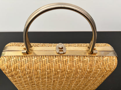 1950s/60s Structured Raffia Straw Handbag With Metal Handles