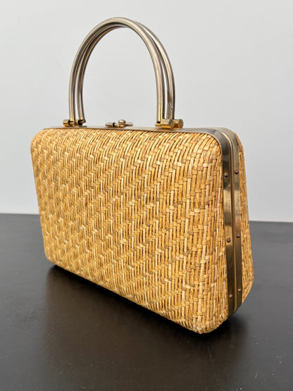 1950s/60s Structured Raffia Straw Handbag With Metal Handles