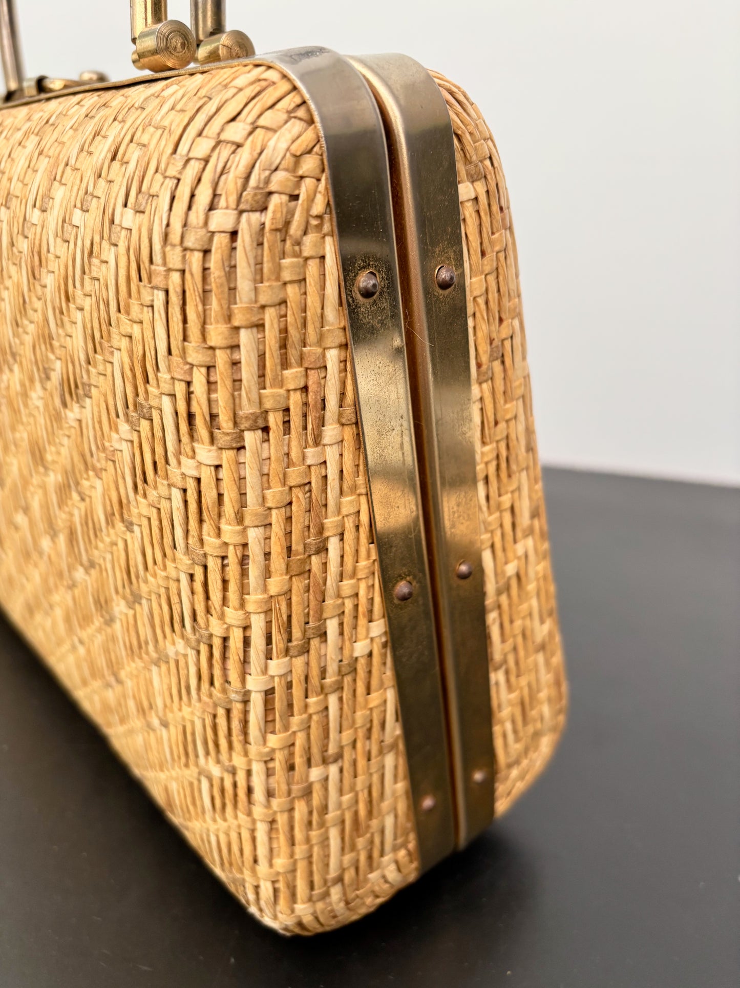 1950s/60s Structured Raffia Straw Handbag With Metal Handles