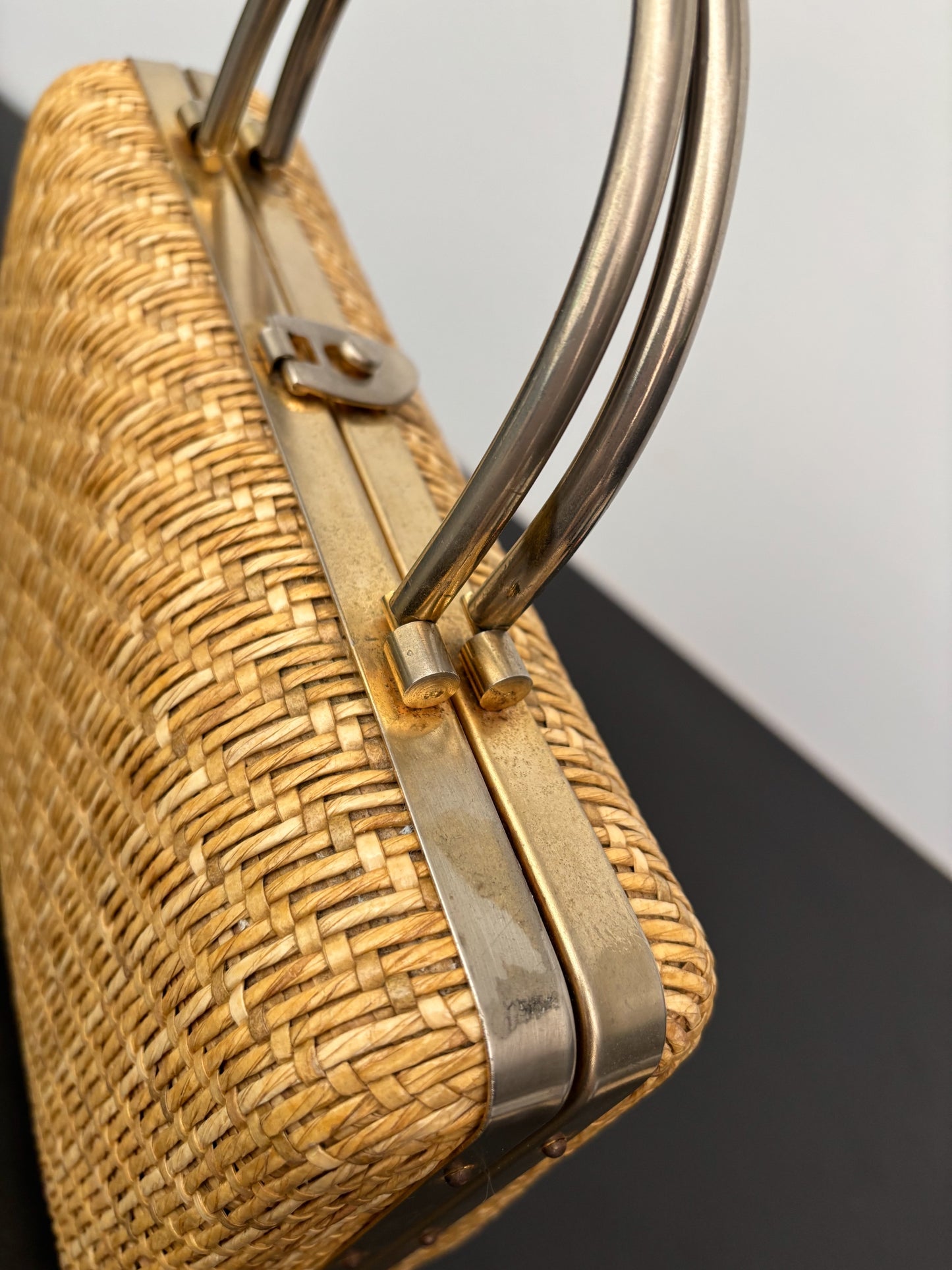 1950s/60s Structured Raffia Straw Handbag With Metal Handles