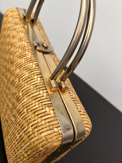 1950s/60s Structured Raffia Straw Handbag With Metal Handles