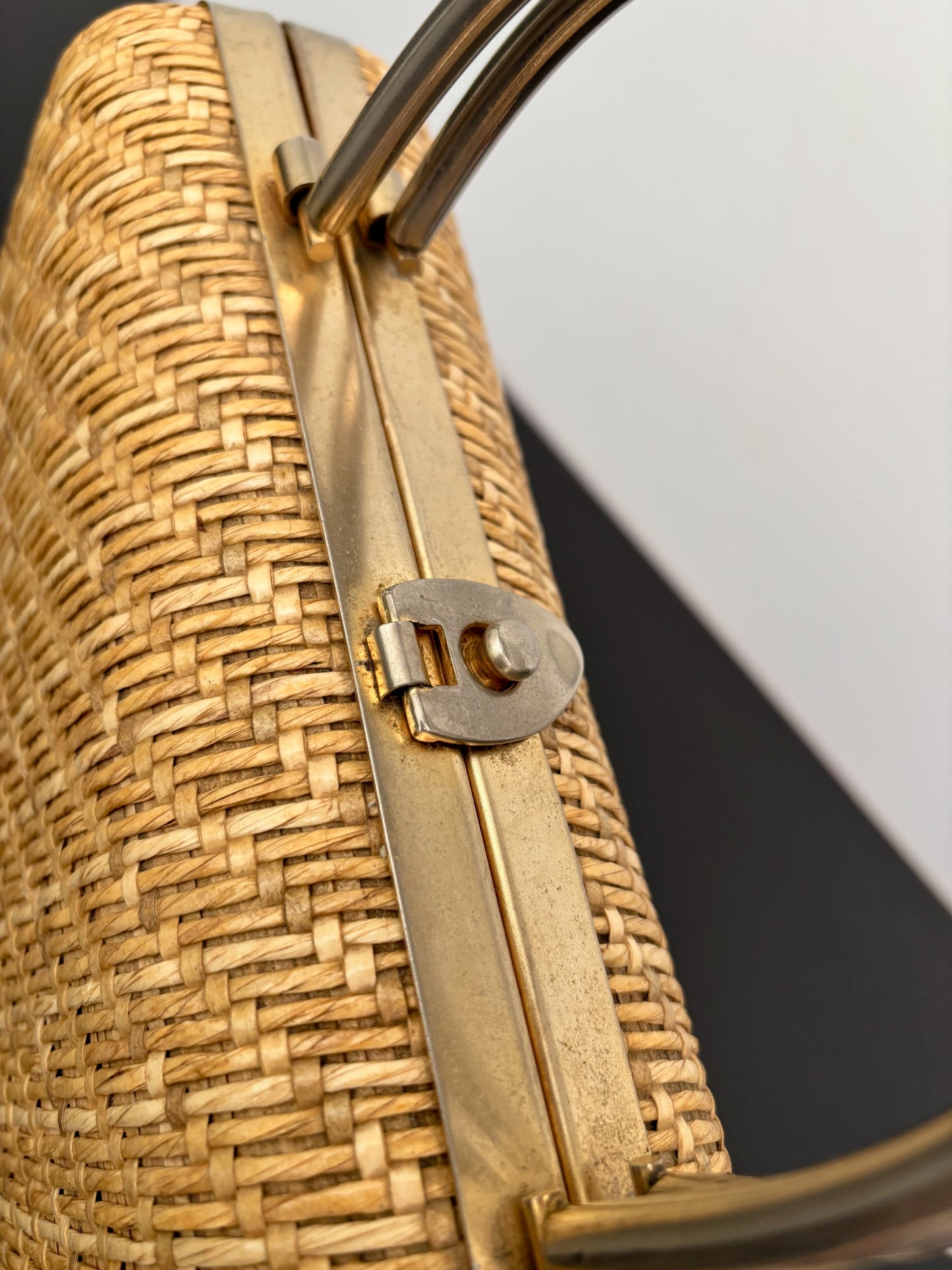 1950s/60s Structured Raffia Straw Handbag With Metal Handles