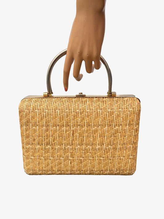 1950s/60s Structured Raffia Straw Handbag With Metal Handles