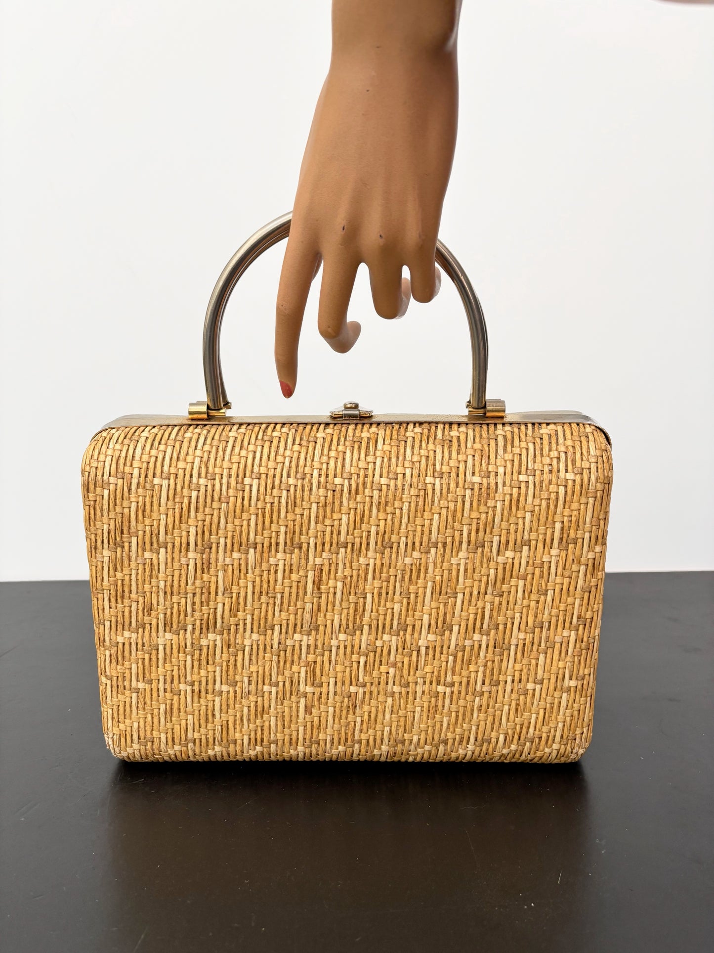1950s/60s Structured Raffia Straw Handbag With Metal Handles