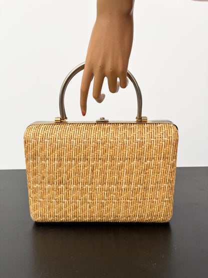 1950s/60s Structured Raffia Straw Handbag With Metal Handles