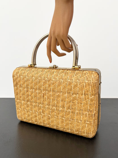 1950s/60s Structured Raffia Straw Handbag With Metal Handles