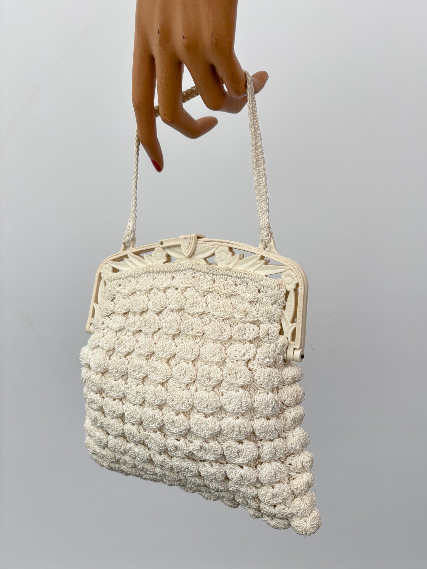 1930s/40s Popcorn Crochet Evening Bag With Carved Plastic Frame