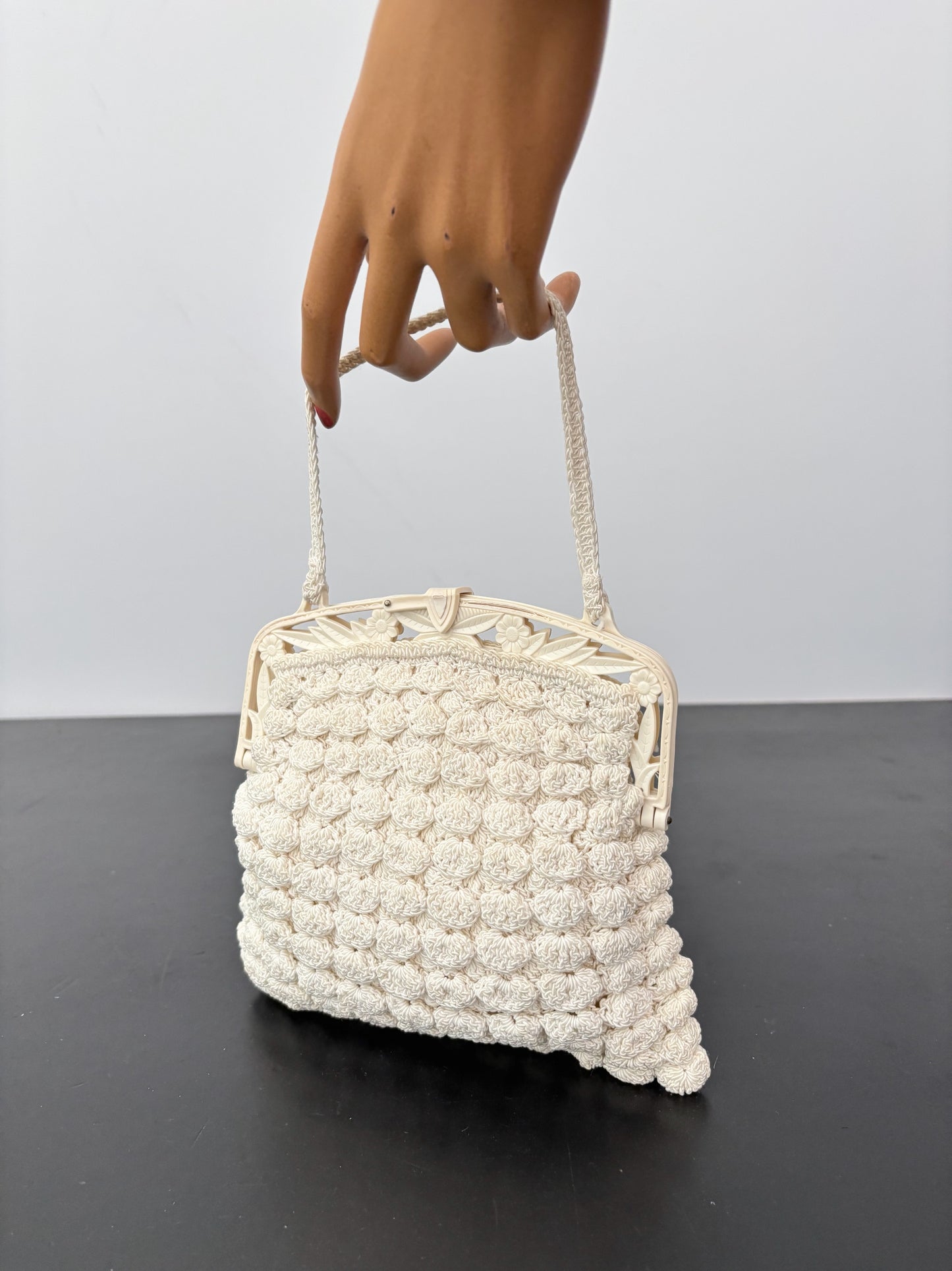 1930s/40s Popcorn Crochet Evening Bag With Carved Plastic Frame