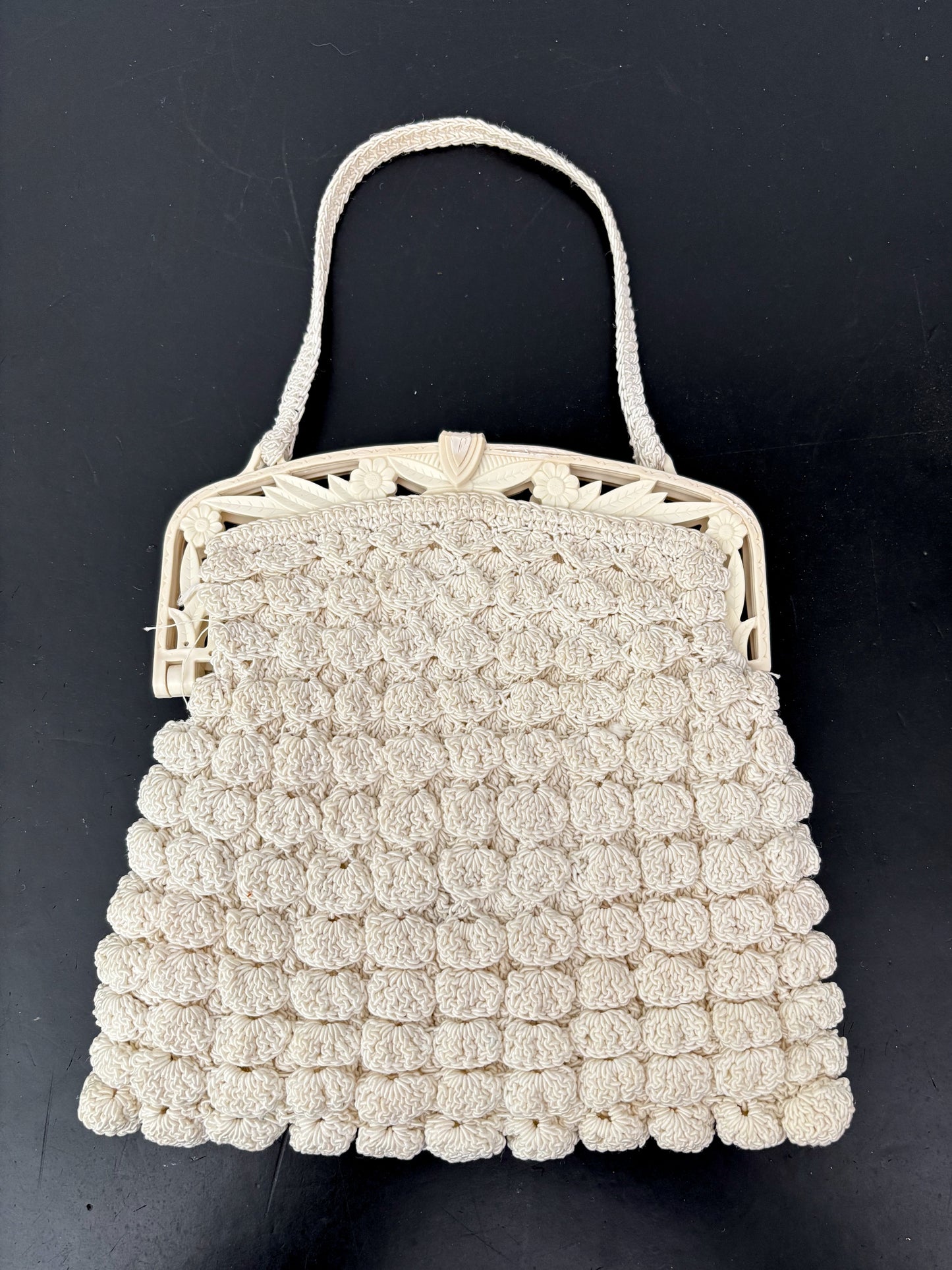 1930s/40s Popcorn Crochet Evening Bag With Carved Plastic Frame