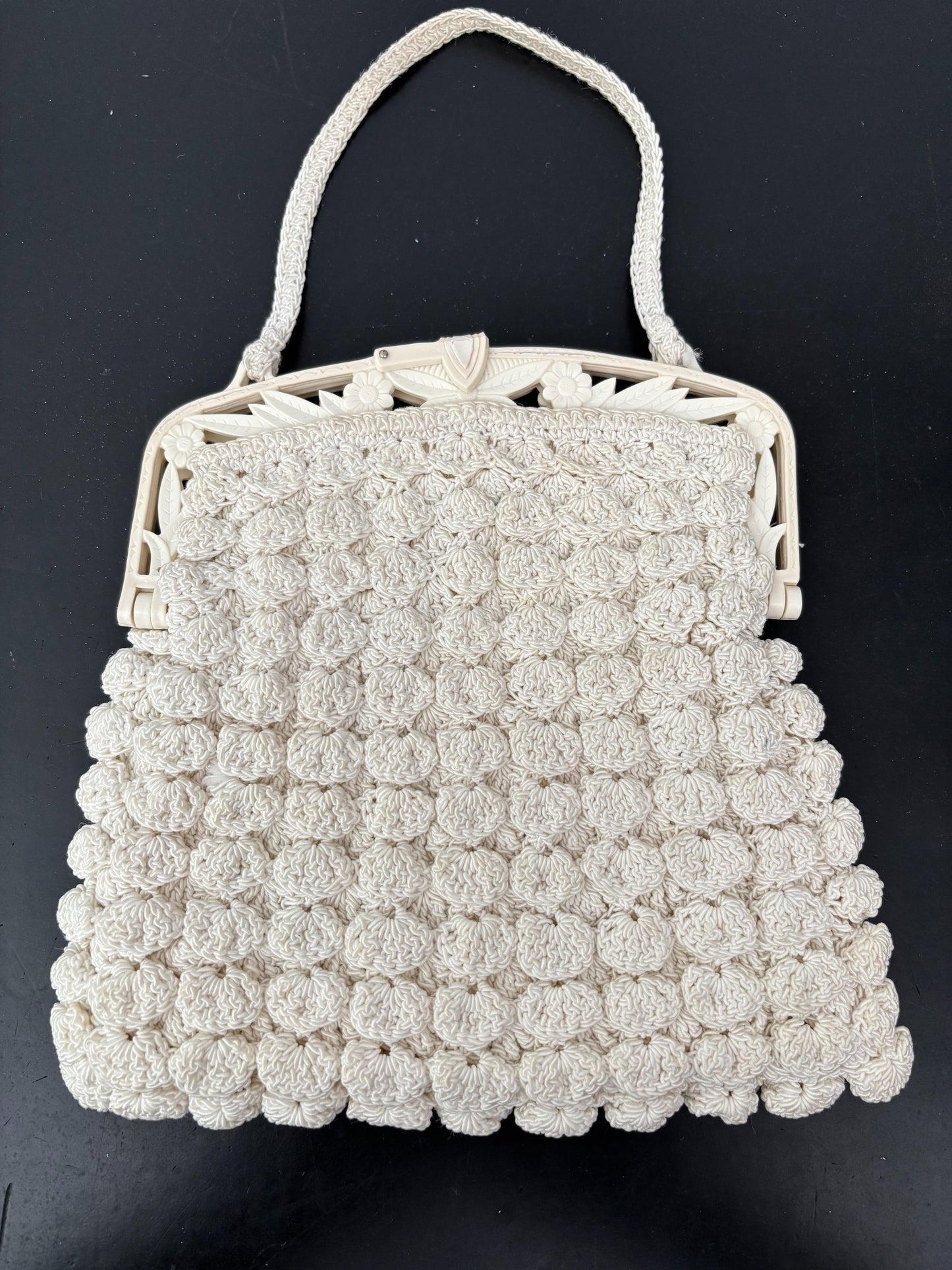 1930s/40s Popcorn Crochet Evening Bag With Carved Plastic Frame